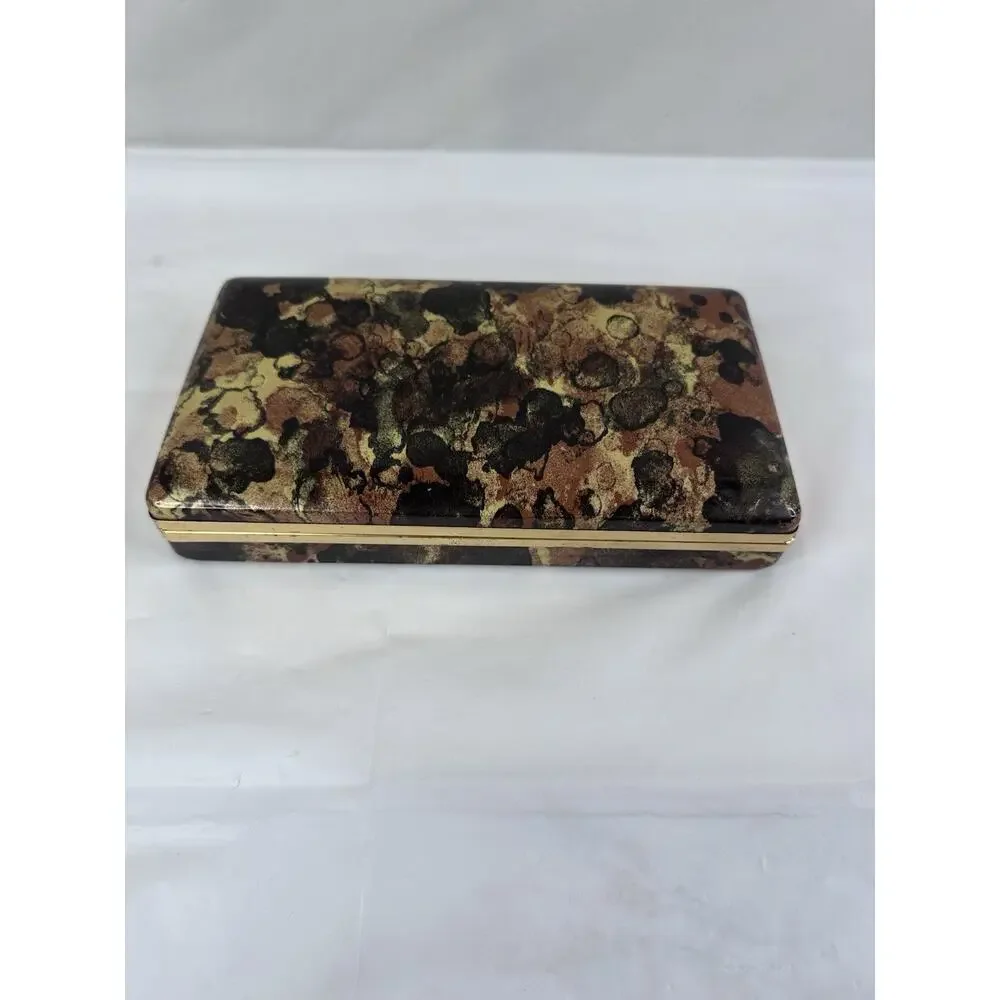 Mele Vintage Brown Tortoise Print Vinyl Covered Clam Shell Jewelry Box. Size 9x5